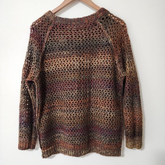 Womens Chunky Knit Pullover Sweater Brown Multicolor Fishnet Size M/L - Picture 2 of 4